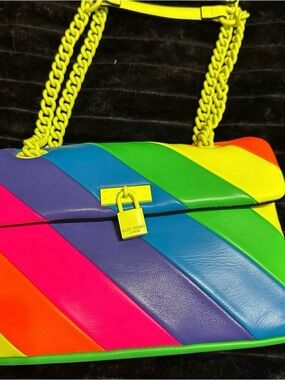 Kurt Geiger Rainbow Diagonal Stripe Leather Shoulder Bag with Yellow Chain